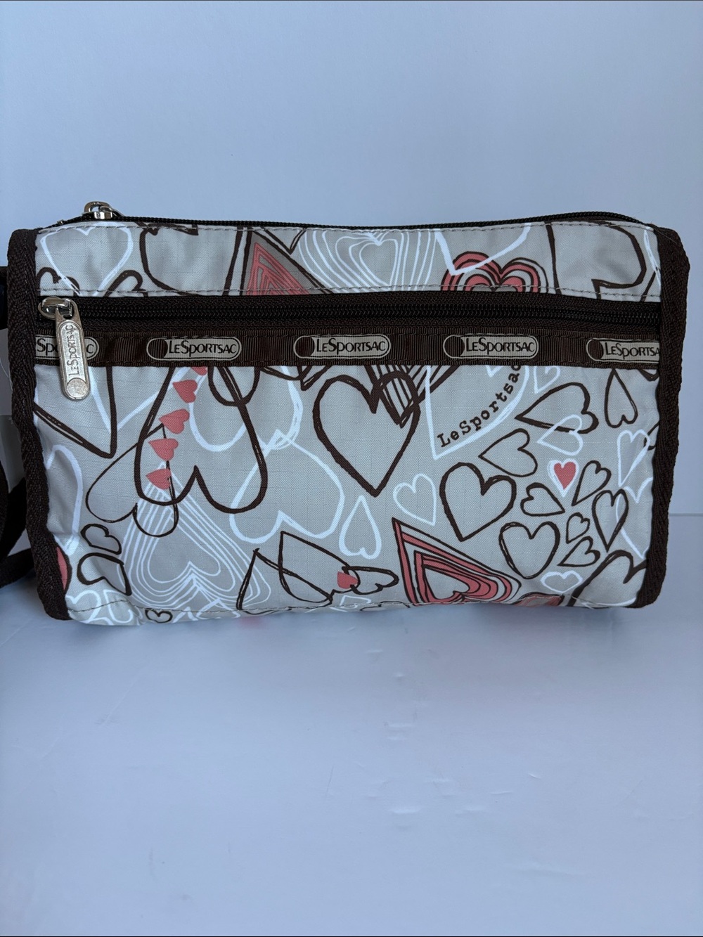 LeSportsac Hopeless Romantic small shoulder bag crossbody brown pink hearts